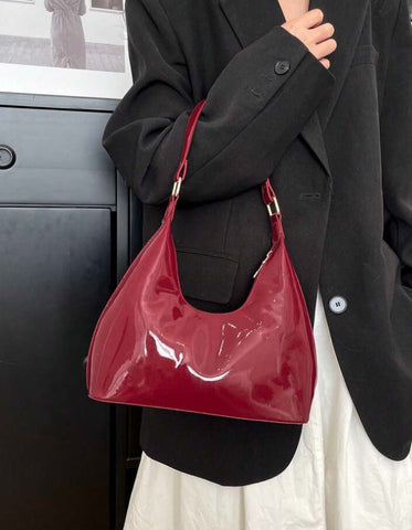 Cherry Red Patent Hobo Bag with Gold Zipper