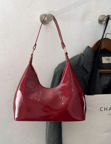 Cherry Red Patent Hobo Bag with Gold Zipper